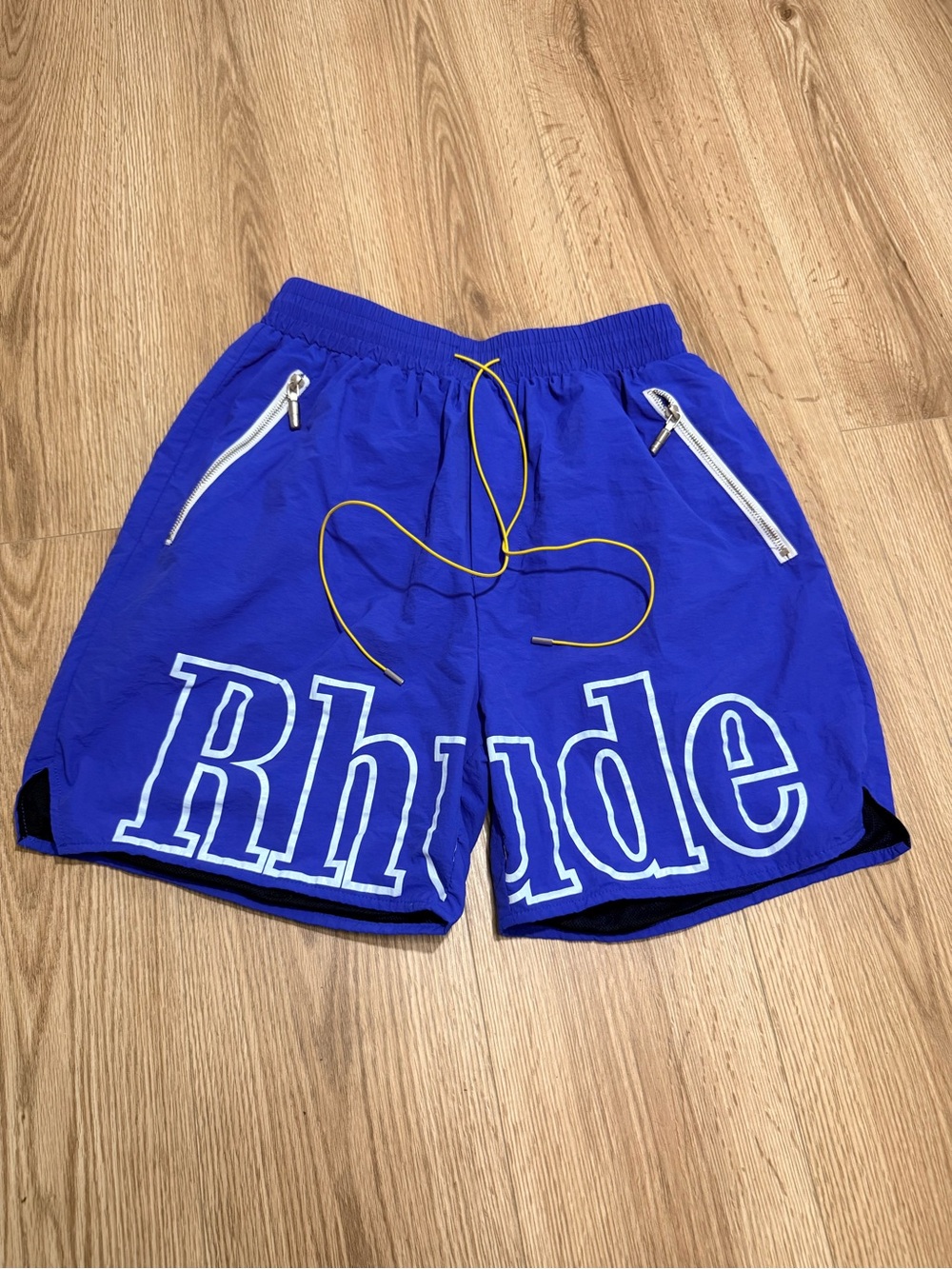 Rhude Logo Shorts Men's XL Blue Nylon Mesh Lined Zip Pocket Made in USA